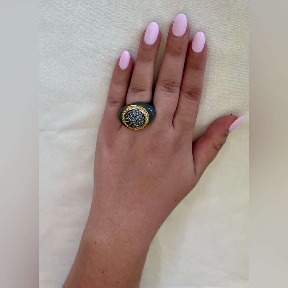 Grey Enamel And Rhinestone Statement Ring - image 5